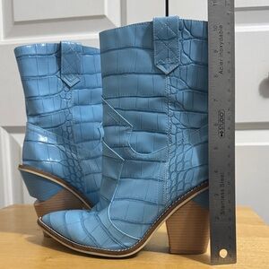 Baby Blue Croc-Embossed Western Ankle Boots - 8.5